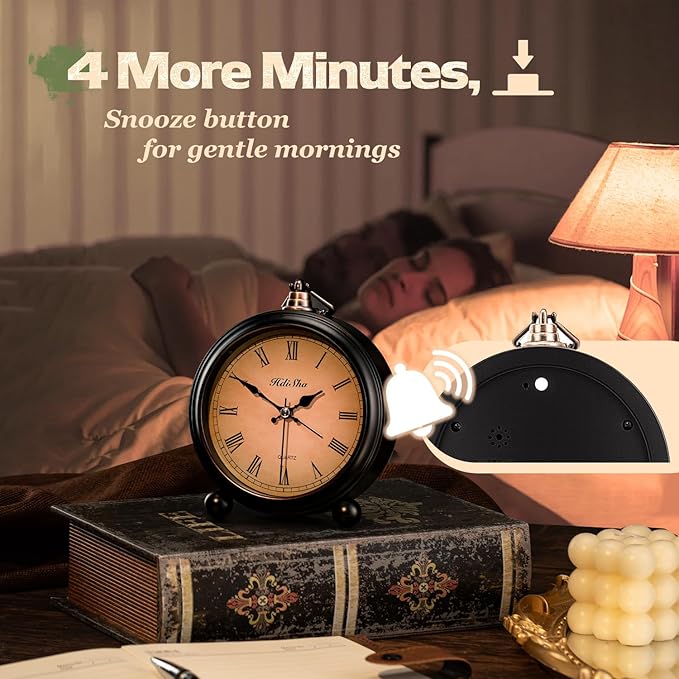 Vintage Alarm Clock, 5 inch Battery Operated Silent Non Ticking Snooze Small Clock with Night Light, Old Fashioned Desk Clock Decor for Bedroom, Bedside, Living Room, Room (Roman)