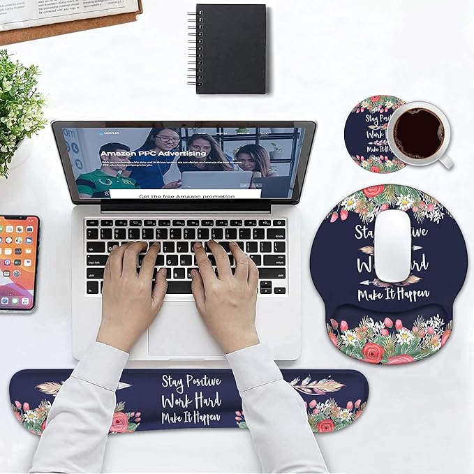 Keyboard Wrist Rest and Mouse Pad Wrist Support Set with Coasters, Inspirational Quote Stay Positive Work Hard and Make It Happen Wrist Mouse Pad with Non-Slip PU Base for Computer Laptop Home Office