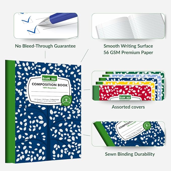 EcoNama Composition Notebooks Pack of 5 Wide Ruled 200 Pages (100 Sheets) 9.75"x7.5" Carbon Neutral Recyclable Paper Eco-Friendly School & Office Supplies For Students and Professionals Assorted Color