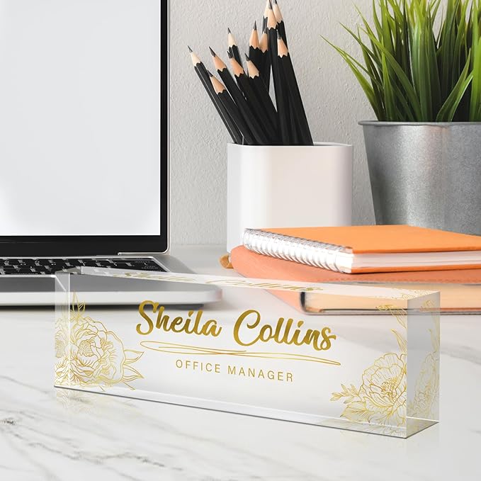 Custom Acrylic Name Plate for Desk, Employee Appreciation Gifts, Office Decor, Personalized with Gold Flowers