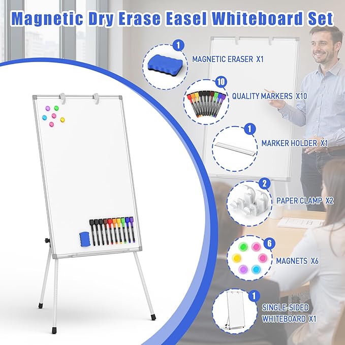 Magnetic Dry Erase Board with Stand 36x24in Whiteboard Easel with Height Adjustable Tripod, 3' x 2' Flipchart Easel Stand Presentation Board with Markers, Eraser & Magnets for School Office and Home