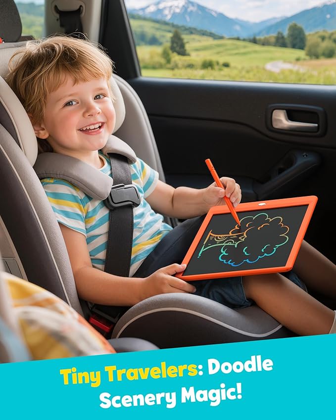 TEKFUN Toys for Girls Boys 10IN LCD Writing Tablet, Magic Doodle Board with Anti-Lost Stylus, Mess Free Coloring for Toddlers Drawing Pad, Toddler Travel Car Plane Trip Toys Gifts (Orange)