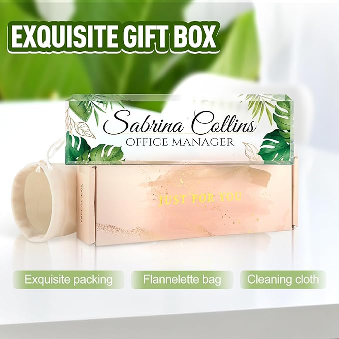 Custom Name Plate for Desk, Desk Name Plate Personalized, Office Decor for Women Men, Acrylic Desktop Accessories, Office Appreciation Gifts for Boss Social Workers Nurse Teacher Employee(Green Leaf)