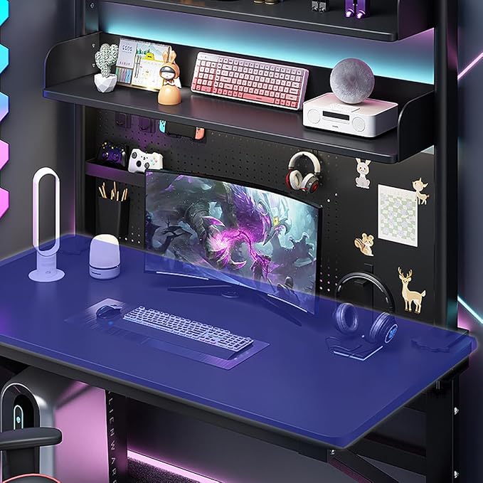 Clamp on Desk Shelf with Pegboard, Black Desktop Organizer Bookshelf Storage Shelves for Home Office Dorm Gaming Desk, Space Saving Tabletop Display Rack Organization, 31.5x37.5in