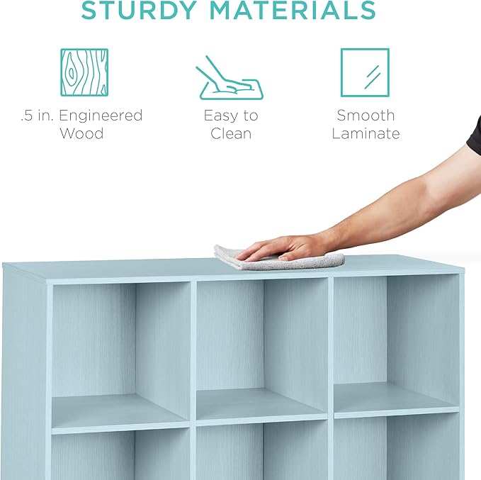 Best Choice Products Kids Bookcase 9-Cube Storage Organizer, 11in Shelf Opening, Bookshelf, Toy Storage, Customizable w/ 3 Removable Back Panels – Light Blue