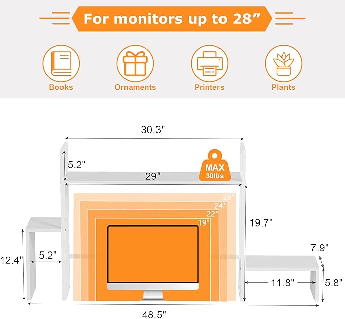 WelFurGeer LED Desk Shelf Organizer with RGB Light Strip, 2-Tier Desktop Shelf for Computer Monitor, Sturdy Metal Frame & Wood Shelves - Desk Hutch Bookshelf for Home Office, Dorm, Gaming (White)