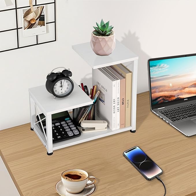 Desk Shelf Organizer, 3 Tier Storage Shelf Riser Display Stand, Wood Desktop Organizer Small Bookshelf, Desktop Shelf for Office Decor and Desk Accessories, White