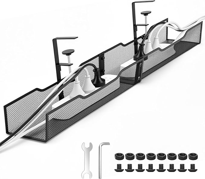 30'' Under Desk Cable Management - No Drill Installation Cable Management Tray, Modern Cord Organizer for Office/Home Desk, Fits Power Strips & Wires(Black, XXL)