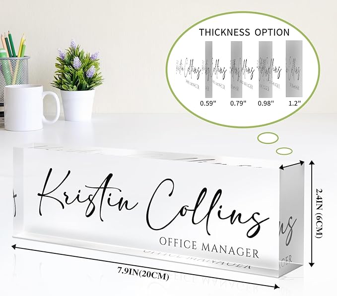 Custom Name Plate for Desk, Personalized Desk Name Plate on Clear Acrylic Glass, Appreciation Gifts for Teacher Employee Boss Coworkers Nurse, Office Desktop Accessories For Women Men (Ink)