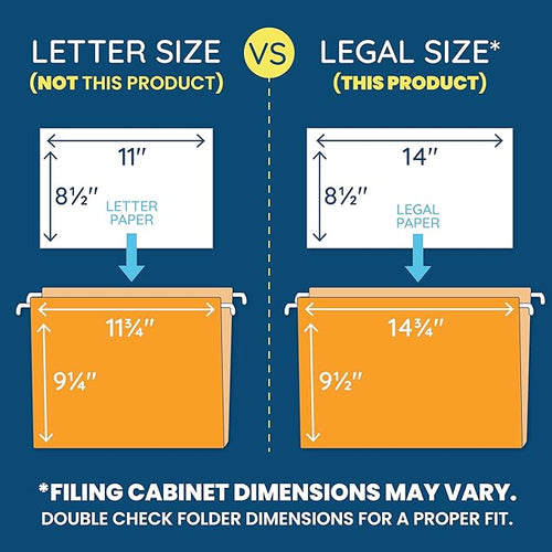 25 Blue Summit Supplies Legal Size Hanging File Folders - Assorted Colors, 2" Expansion, Legal Hanging File Folders for Filing Cabinet, 9.5" x 14.75", 11PT Paper Stock with Tabs and Inserts Included