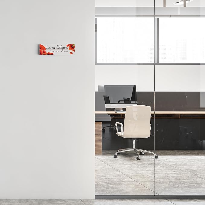 Artblox Office Personalized Name Plate for Desk with Business Card Holder On Clear Acrylic Glass Poppy Flowers Design Custom Desk Name Plate with Your Name and Credentials Customized Gift