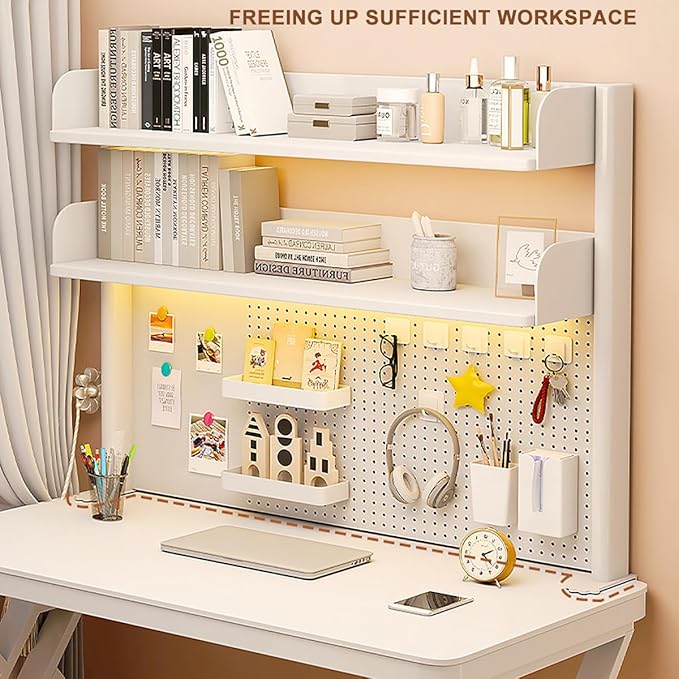 Clamp on Desk Shelf with Pegboard, White Desktop Organizer Bookshelf Storage Shelves for Home Office Dorm Gaming Desk, Space Saving Tabletop Display Rack Organization, 31.5x37.5in