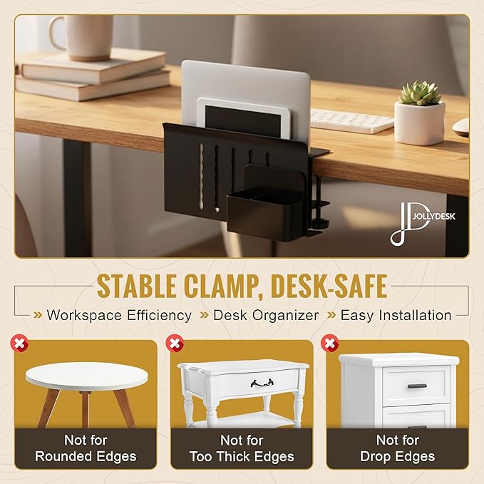 Desk Side Storage, Steel Side Desk Organizer, Clamp on Laptop Mount with Magnetic Pen Holder, No Drill Under Desk Laptop Holder, Table Hanging Storage for Home & Office Organization – Black