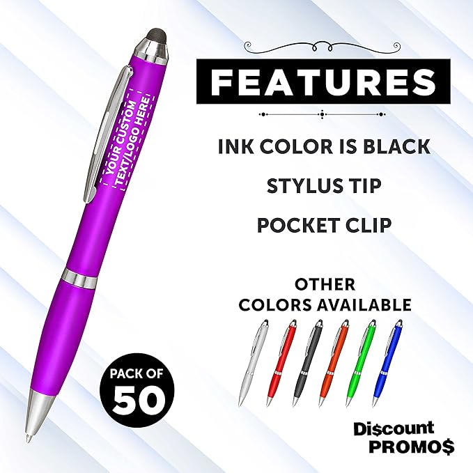 DISCOUNT PROMOS Custom Plastic Stylus Pens Set of 50, Personalized Bulk Pack - Black Ink, Great for Office, School, Business, Tradeshows, Events - Purple