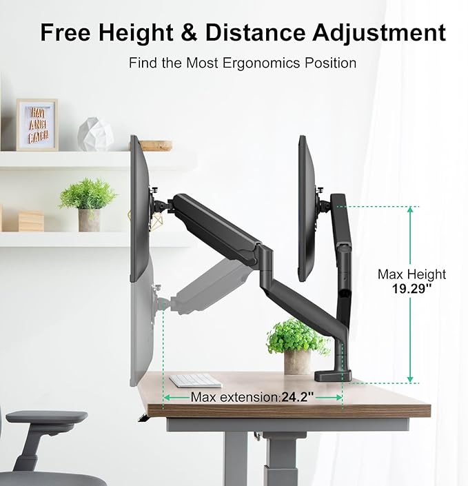 Dual Ultrawide Monitor Mount for 22-35 inch Computer Screens, 2 Monitor Arm Stand with Gas Spring System Each Holds up to 30.8lbs, Full Motion Height Adjustable, VESA 75x75/100x100mm