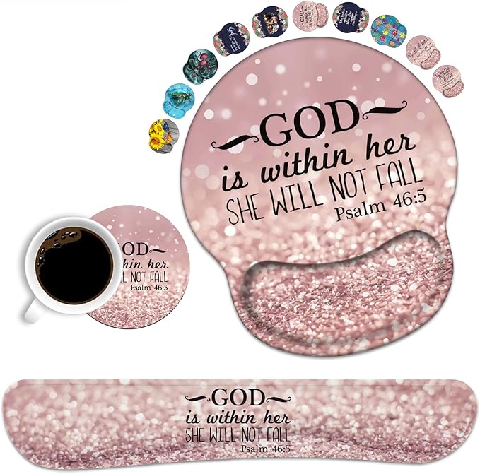 Keyboard Wrist Rest and Mouse Pad Wrist Support Set with Coasters, Non-Slip PU Base Ergonomic Gaming Mousepad for Home Office Working Studying Easy Typing & Pain Relief - Bible Verses Psalm 46:5