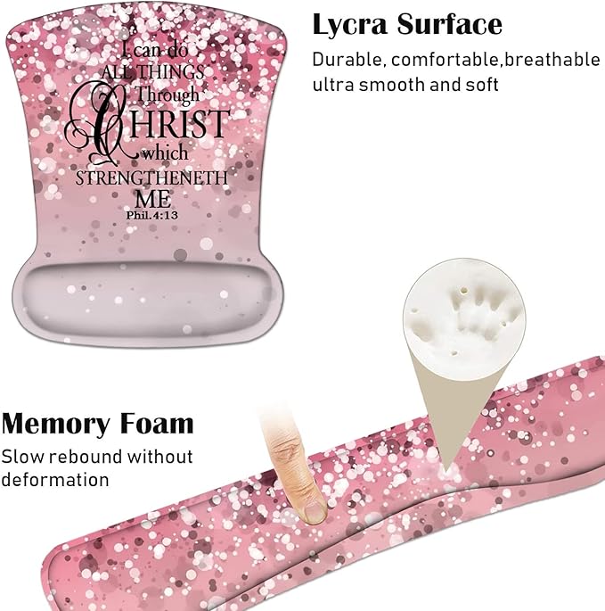 Keyboard Wrist Rest and Mouse Pad Wrist Support Set with Coasters, Non-Slip PU Base Ergonomic Gaming Mousepad for Home Office Working Studying Easy Typing & Pain Relief, Bible Verse Phil 4-13