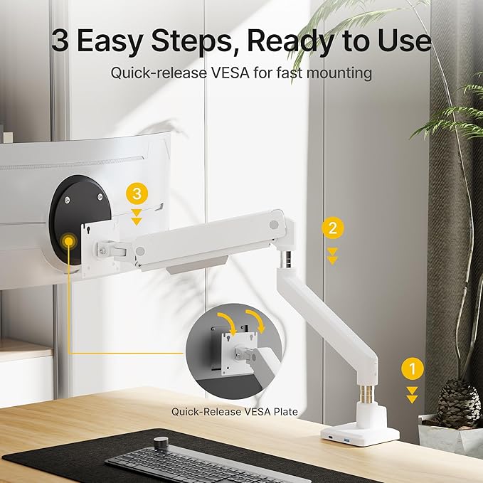 monTEK Single Monitor Arm with USB for Max 45 Inch Ultrawide Screens Adjustable Monitor Desk Mount Holds 35 Lbs Cable Management with C Clamp/Grommet Desk Mount, VESA 75/100mm, MA1007UCWH