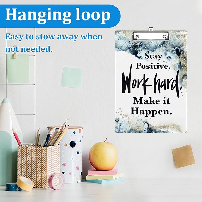 Stay Positive Work Hard Make It Happen Clipboard Decorative Clip Board with Metal Clip A4 Standard Size 12.5" X 8.7" for Teacher Students Nurses Office