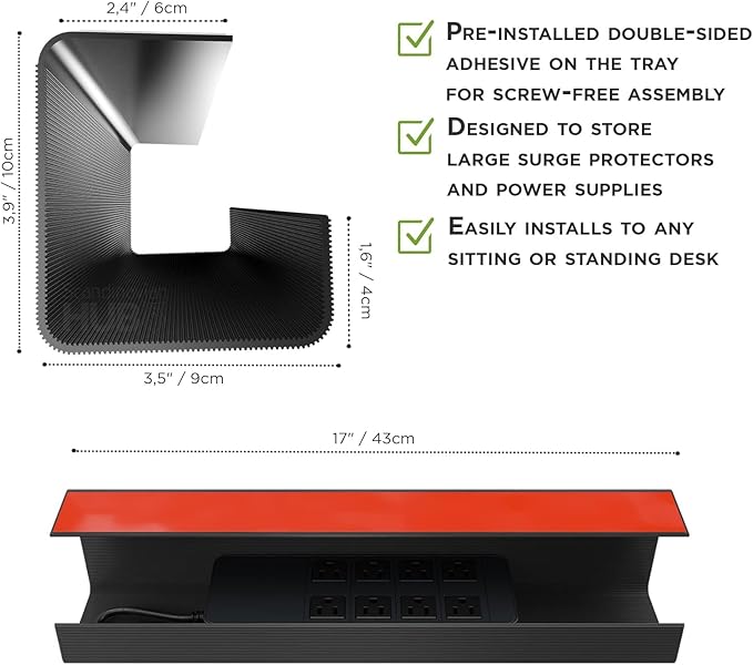 No-Screw Under Desk Cable Management Tray - Self-Adhesive Installation, Cord Management, Cable Tray, Under Desk Wire Organizer - Black Set of 4