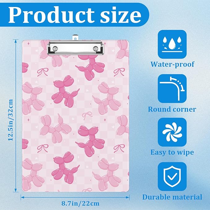 Pink Balloon Dog Bow Clipboard Decorative Clip Board with Metal Clip A4 Standard Size 12.5" X 8.7" for Teacher Students Nurses Office