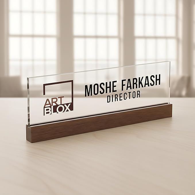 Artblox Personalized Office Desk Name Plate and Business Card Holder | Clear Acrylic Glass with Teak Wood Stand | Business Logo Customized with Your Name and Credentials Office Desk Décor