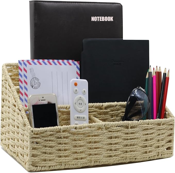 Rattan Mail Organizer - Countertop, Desk, Bills, Woven Basket, Magazine Holder, Mail Sorter, Hobo Organizer，Beige