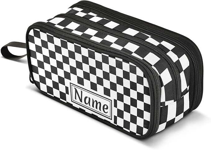 Custom Black White Checkered Pattern Pencil Case Box Boys Girls Personalized Name Large Pencil Pouch Stationery Pen Bag Organizer for Kids Adults School