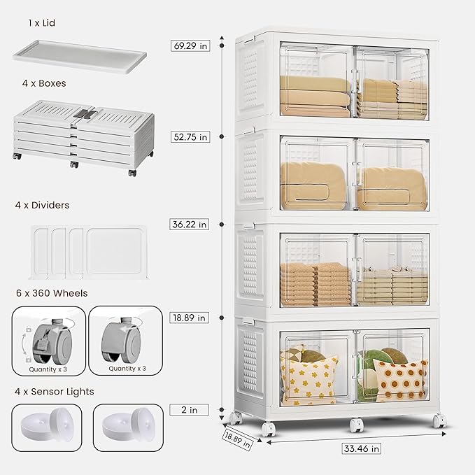 FINCHESCLUB 752QT Extra Large Stackable Storage Bins with Lids, 188Gal Foldable Storage Bins with Doors and Wheels, Collapsible Closet Organizers for Home Office, 4 Pack - White