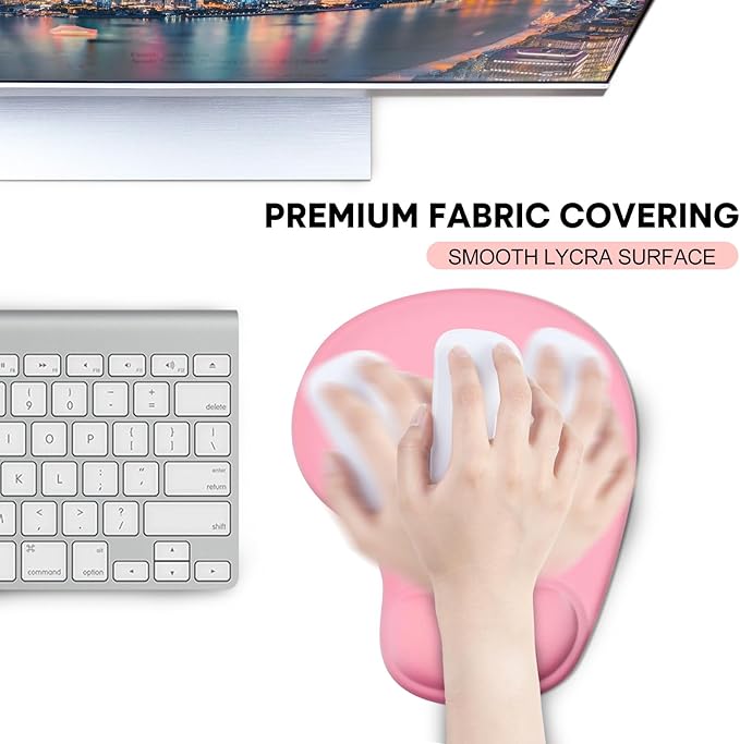 JIKIOU Mouse Pad, 2 Pack Ergonomic Mouse Pads with Comfortable Gel Wrist Rest Support and Smooth Cloth, Non-Slip PU Base for Easy Typing Pain Relief Durable and Easy to Clean Small Pink