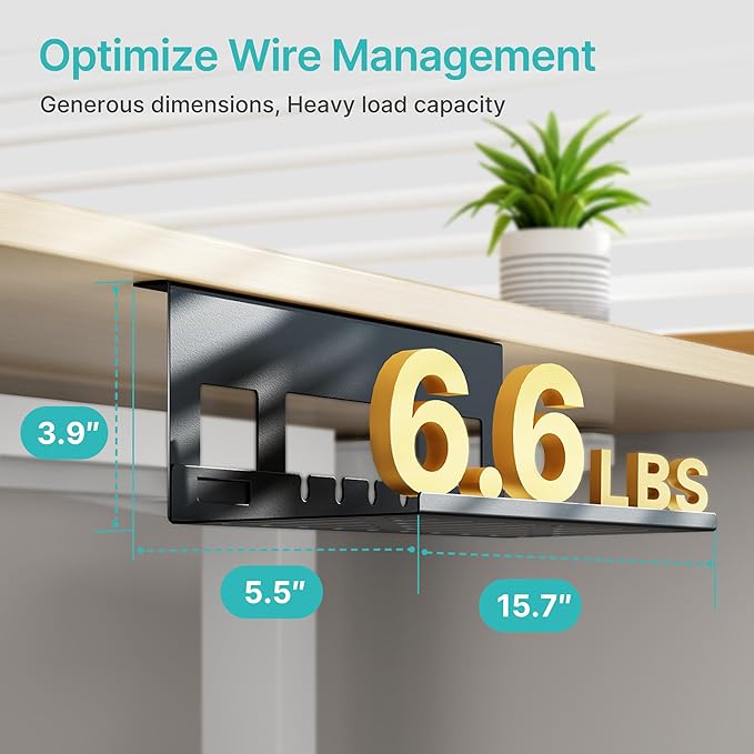 Under Desk Cable Management Tray, 15.7 Inches Metal Cord Organizer Rack, Desk Tray for Power Strip, Cord, Wire, Easy Mounting Cable Management Under Table for Home Office, Black