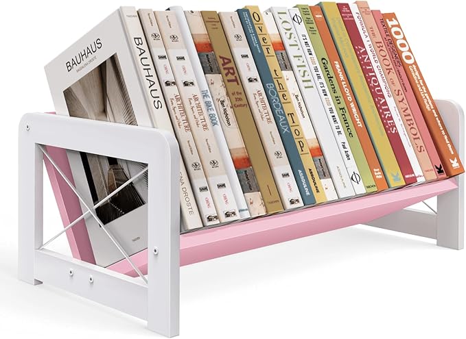 ELITEROO Tabletop Bookshelf, Simple Wood Book Organizer for Desk, Tilted Table Bookcase, Small Desktop Book Rack for Cookbook Display, Kids Reading, Office Storage, Pink