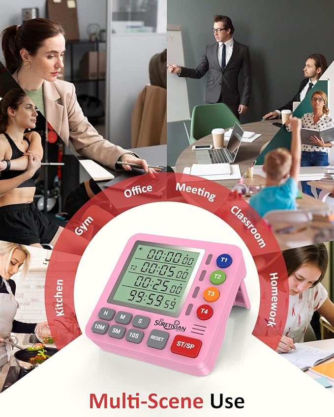 Digital Kitchen Timer for Cooking - 4 Channel Count Up Countdown Timer with Loud Alarm and Silent Mode, Large Display, Magnetic Back, Auto Memory for Classroom Study Gym, Battery Included (Pink)