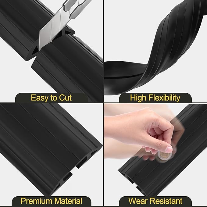 MYFAMIREA 4FT Floor Cord Cover Heavy Duty Cable Cover Protector with 3 Channels Extension PVC Floor Wire Cover Outdoor Cord Hider Management Cord Cover for Wire on Floor for Home Office Outdoor, Black