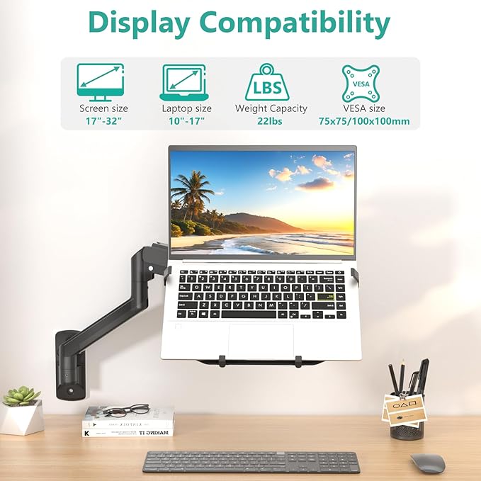 WALI Laptop Wall Mount, Full Motion Adjustable Laptop Arm Fits 10 to 17inch Notebook, 2-in-1 Monitor Wall Mount for 17 to 32inch Computer Screen, Holds up to 15.4-22lbs(GSWM001LP), Black