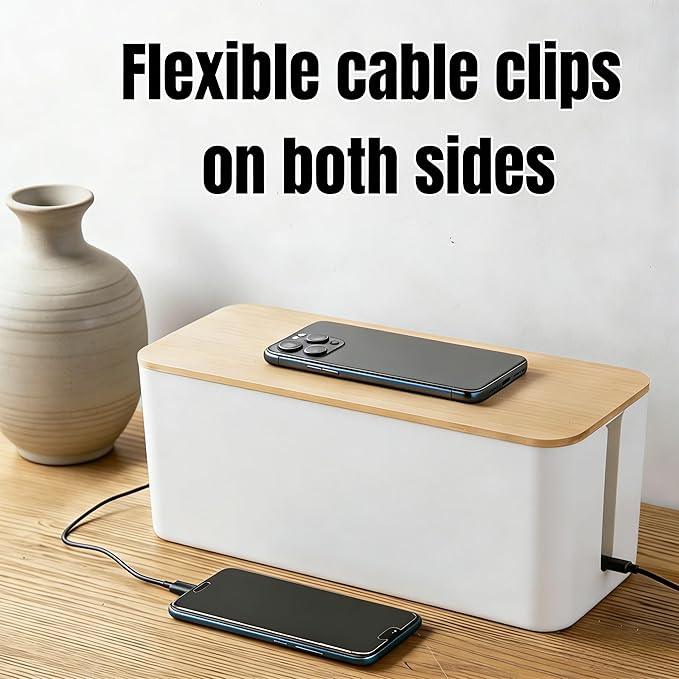 1Large+1Small Cable Organizer Set-2-Piece Home Office Desk Wire Management Storage Box,Cable Storage Box(Bamboo lid/White)