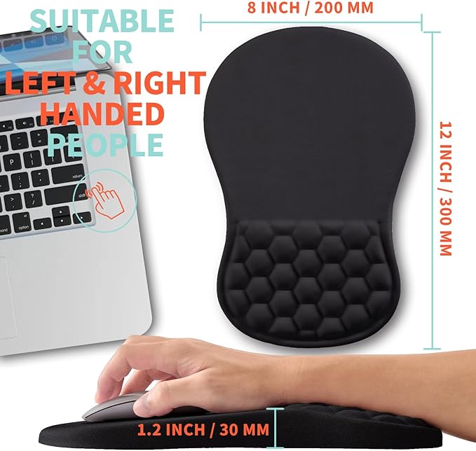 Ergonomic Mouse Pad Wrist Support with Memory Foam Massage Bulge, Carpal Tunnel Pain Relief Mousepad Wrist Rest for Mouse(12x8 inch, Black)
