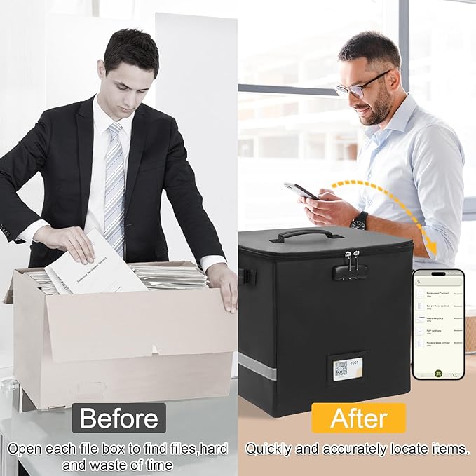 Medium Next of Kin Box Organizer with Smart Labels, Fireproof Foldable File Organizer with Combination Lock, 10 Hanging Files and 20 Category Labels for Label Documents,(M:13 * 13 * 13in)
