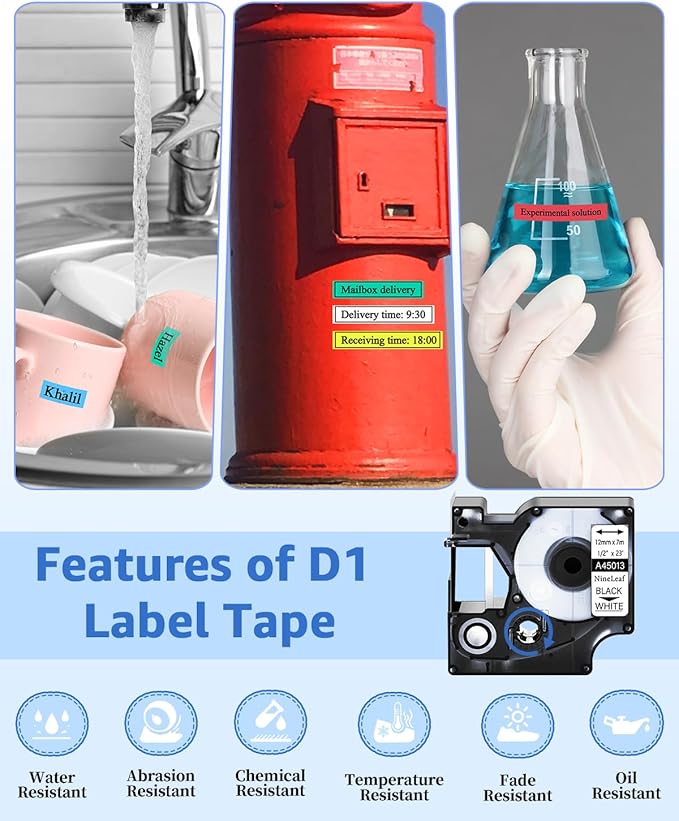 NineLeaf 6 Pack Compatible Label Tape Replacement for Dymo D1 Label Tape 12mm 45013 45010 45016 45017 45018 45019, 1/2 Inch D1 Label Cassette Use for Dymo LabelManager 160 280 360D 210D 450 COLORPOP