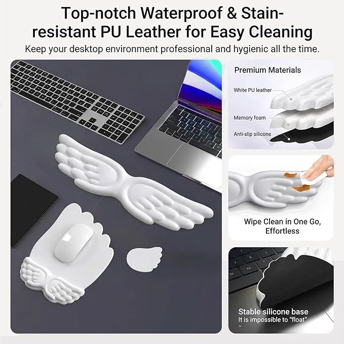 Angel Wing Keyboard Wrist Rest Set, 3 Piece Cloud Wrist Rest for Computer Keyboard with Mouse Wrist Rest and Coaster, PU Leather Memory Foam Wrist Support for Office, Home and Gaming (White - A)