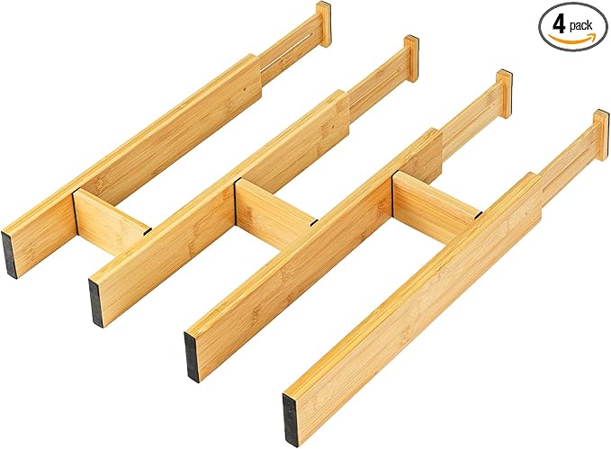 Adjustable Bamboo Drawer Dividers with Inserts, Expandable Spring-Loaded Drawer Organizer for Kitchen, Clothes, Tools, Silverware, Bamboo Organizer Separators - 4 Large Pieces