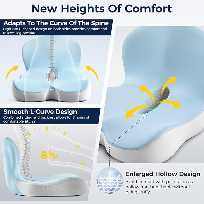 Seat Cushion, Office Chair Cushions for Tailbone Relief, Seat Cushions for Office Chair with L-Shaped Ergonomic Design, Memory Foam Chair Cushion for Long Sitting Office Worker(Blue Grey)