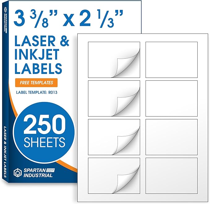 2 1/3" X 3 3/8" Matte White Printable Labels for Inkjet and Laser Printers - 250 Sheets, 2000 Custom Stickers, Name Tags, Hello My Name is Stickers, Shipping Labels - Spartan Industrial Template R013