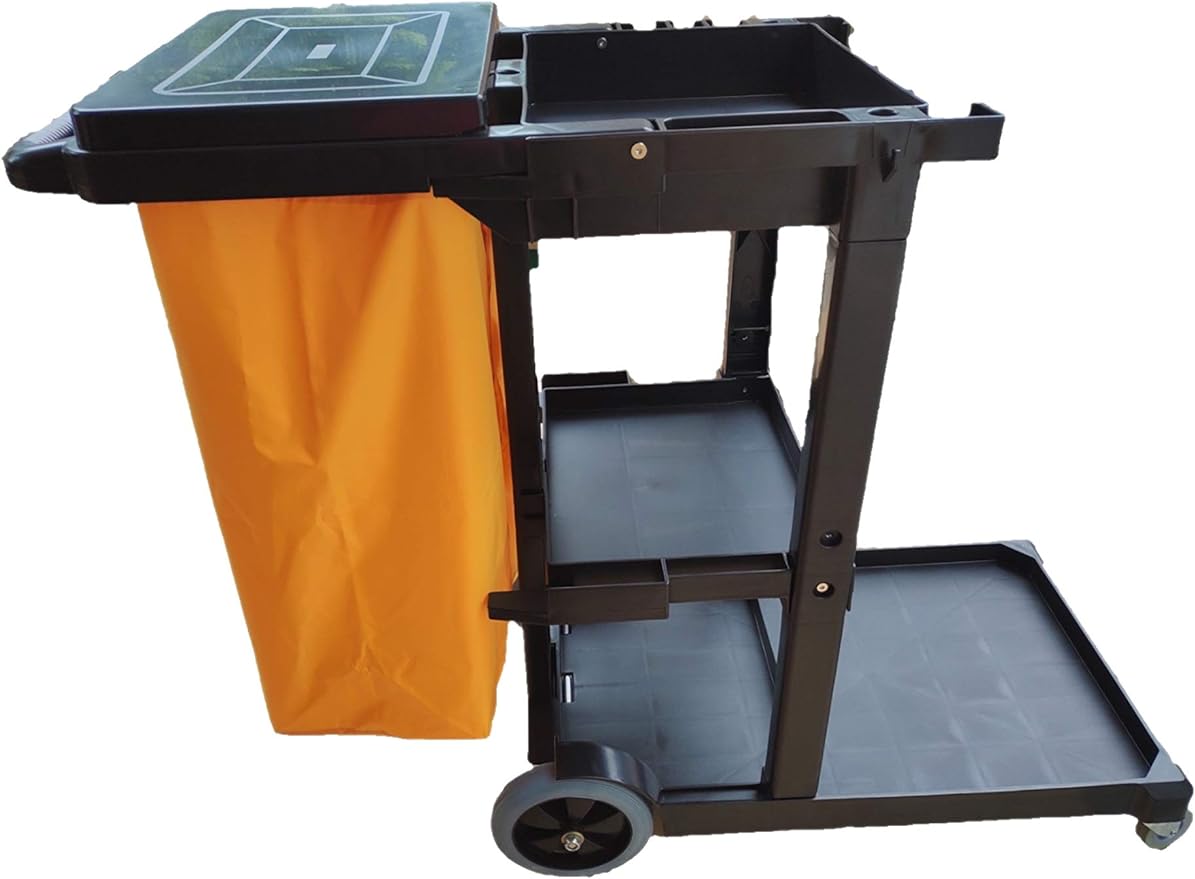 SIMPLI-MAGIC Janitorial Cart, 330 lbs Capacity – 3-Shelf Commercial Housekeeping Cleaning Cart on Wheels, 25 Gallon Bag with Lid – Stable, Smooth Movement