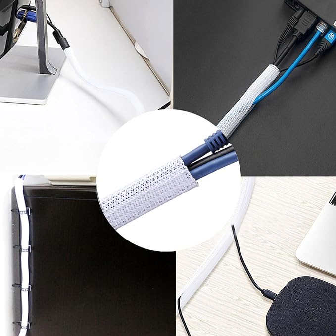 3/8"-50ft Braided Cable Sleeve Protector - Self-Wrapping Split Wire Loom for TV, Computer, Home Theater, Engine Bay - Heavy-Duty Cord Organizer, White