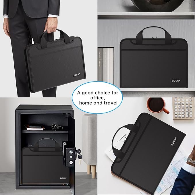 ENGPOW Accordion File Organizer, Fireproof Expanding File Folder with 13 Pockets Document Organizer with Handle & Labels, Portable Home Travel Safe Storage for Letter A4 Files and More, Black