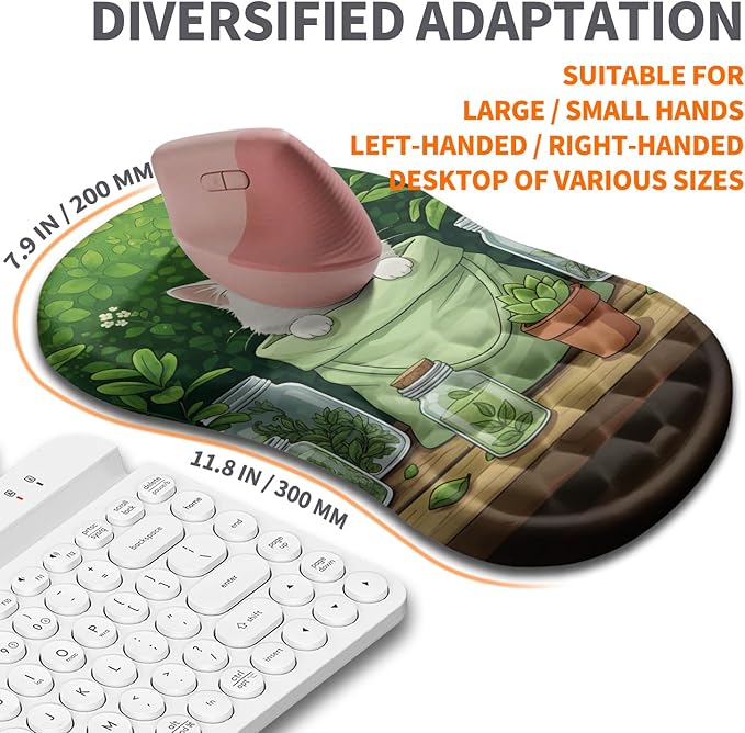 Ergonomic Joint Wrist Support Mouse Pad with Memory Foam Cushion Massage Bump, Carpal Tunnel Pain Relief Mousepad Slope Design for Wrist Rest, 11.8x7.9 in, Cute Kitten