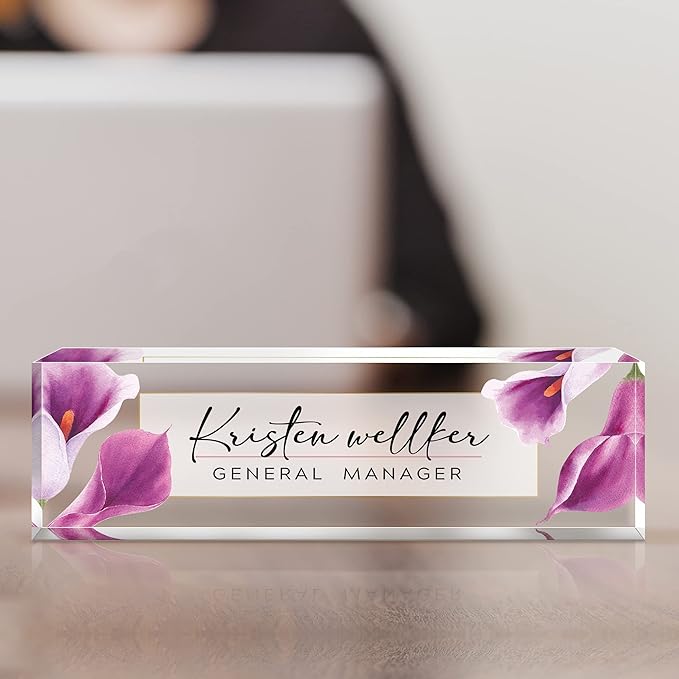 Custom Name Plate for Desk, Desk Name Plate Personalized, Office Decor for Women Men, Acrylic Desktop Accessories, Office Gifts for Coworkers Boss Teacher, Employee Appreciation Gifts (Purple Calla)