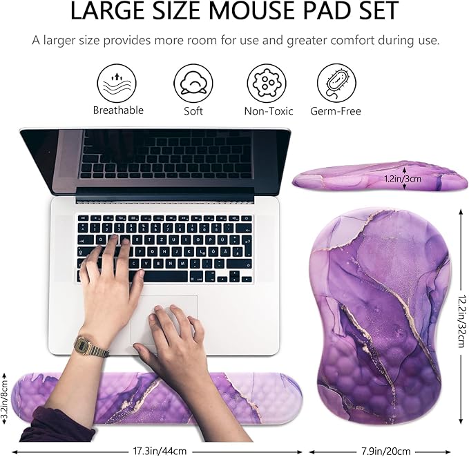 Mouse Pad Wrist Support, Laokiiy 2 in1 Keyboard Wrist Rest+ Ergonomic Mouse Pad, Non-Slip Wrist Rest for Computer Keyboard, Made Easy Typing & Relieve Wrist Pain(Amethyst Purple Marble)