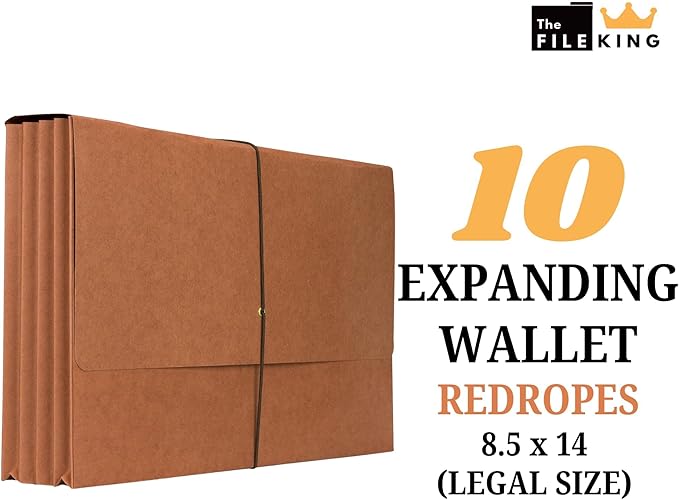 The File King Expanding File Wallet - Legal Size, 10 Redropes | USA Made | 5.25” Expandable File Folders | Redwell Folders Legal Size Wallets | Red Rope Expanding File Folder with Flap & Elastic Cord